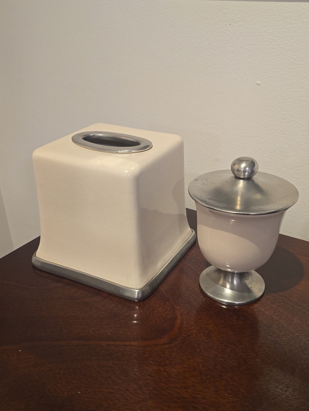 Labrazel | Cream Ceramic Tissue Box Cover and Jar Set with Pewter Trim